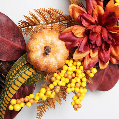 24" Pumpkin & Dahlia Fall Wreath - Autumn Outdoor Fall Decor