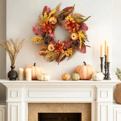 24" Pumpkin & Dahlia Fall Wreath - Autumn Outdoor Fall Decor