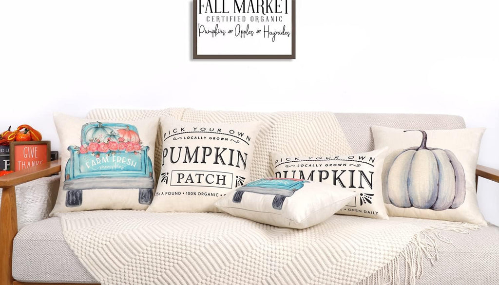 Fall Decor Pillow Covers 18X18 Set of 4 White Pumpkin Farmhouse Decorations Throw Cushion Case for Fall Thanksgiving Home Decorative Pillows
