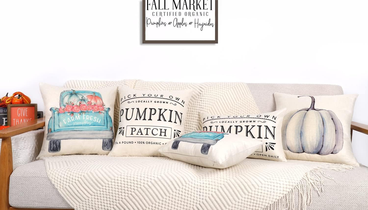 Fall Decor Pillow Covers 18X18 Set of 4 White Pumpkin Farmhouse Decorations Throw Cushion Case for Fall Thanksgiving Home Decorative Pillows