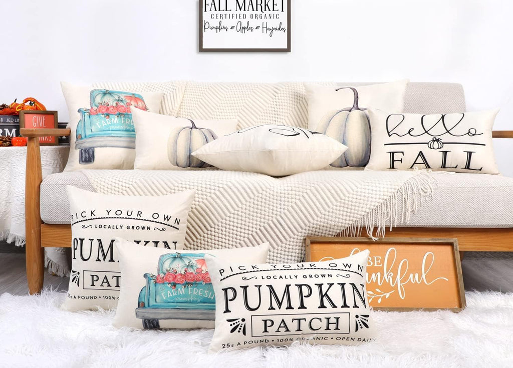 Fall Decor Pillow Covers 18X18 Set of 4 White Pumpkin Farmhouse Decorations Throw Cushion Case for Fall Thanksgiving Home Decorative Pillows