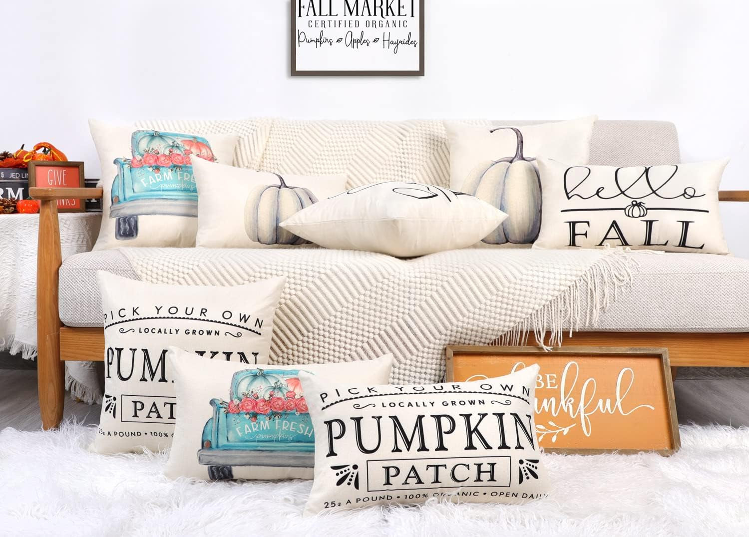 Fall Decor Pillow Covers 18X18 Set of 4 White Pumpkin Farmhouse Decorations Throw Cushion Case for Fall Thanksgiving Home Decorative Pillows