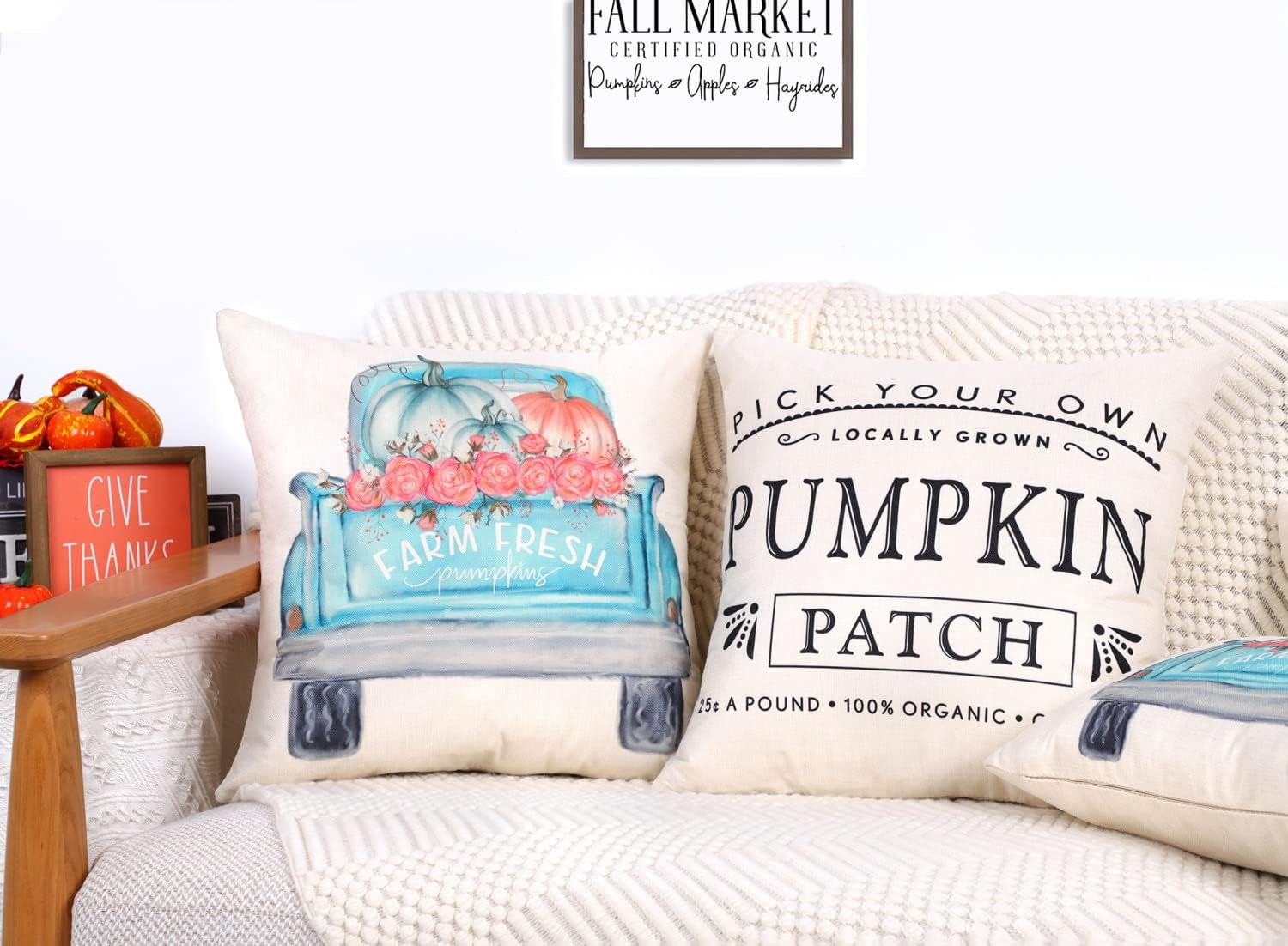 Fall Decor Pillow Covers 18X18 Set of 4 White Pumpkin Farmhouse Decorations Throw Cushion Case for Fall Thanksgiving Home Decorative Pillows